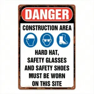Vintage Aluminum Construction Zone Danger Sign Wall Art 12x8 Inches Industrial Safety Poster for Garage Man Cave and Home Decor