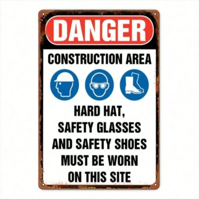 Vintage Aluminum Construction Zone Danger Sign Wall Art 12x8 Inches Industrial Safety Poster for Garage Man Cave and Home Decor