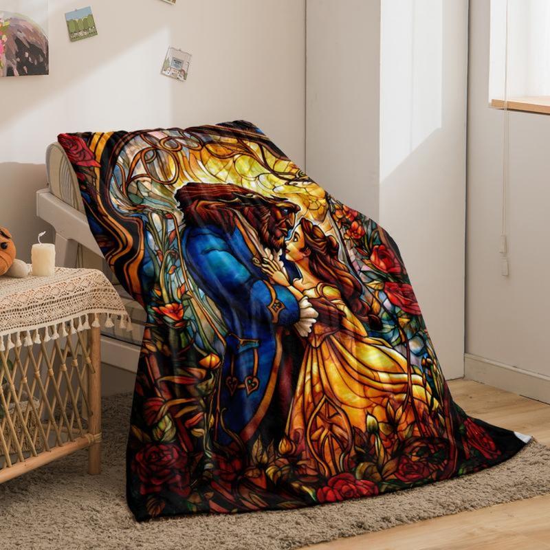 1PC Beauty and Beast Cartoon Printing, skin -friendly, warm, soft, four seasons, family office travel thickened flavor blankets birthday gift