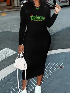 Women's Grinchy Graphic Print Long Dress, bodycon dresses, Elegant Winter Round Neck Long Sleeves Design, Comfortable Fit for Casual Wear & Layering Options