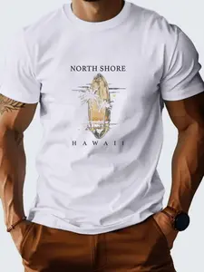 Men's Heavyweight-Like Preshrunk Cotton T-Shirt with Hawaiian Surfboard & North Hawaii Print - White & Golden Surf Design, Double-Needle Stitched Neckline, Short Sleeve Casual Beachwear for Travel, Surfing, Everyday (Sizes S-XXXL)