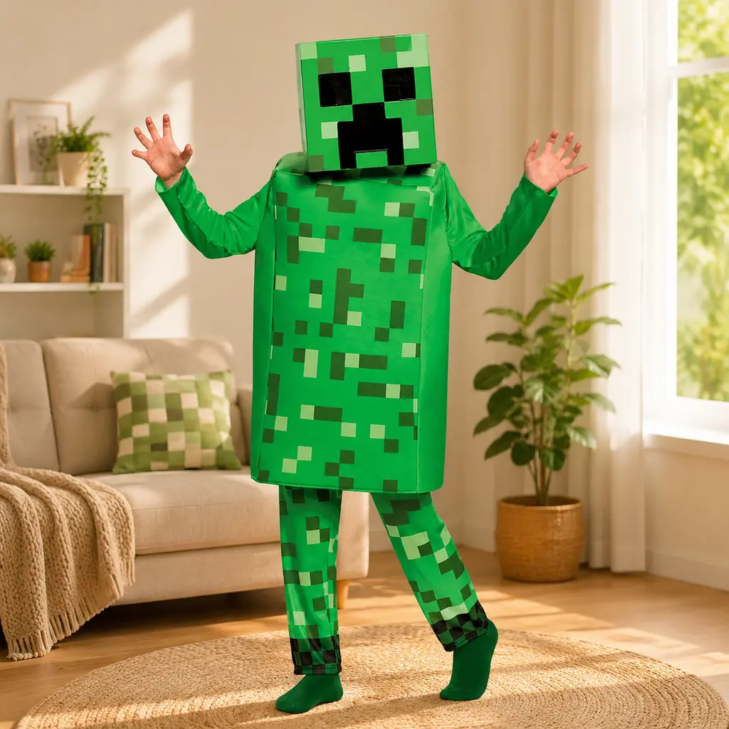 Kids Minecraft Creeper Costume Set, 3D Cube Head Mask Green Pixel Outfit, Boys Cosplay Jumpsuit for Halloween, Birthday Party & Game Themed Dress‑Up