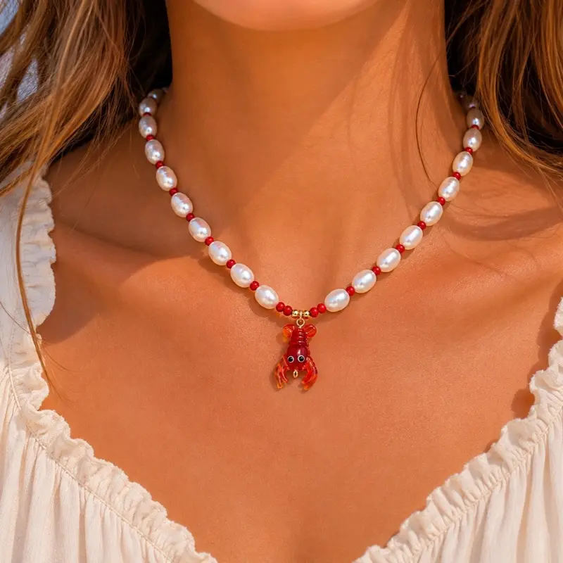 Freshwater Pearl Lobster Necklace - Nautical Vibe Summer Beach Jewelry with Lobster Pendant