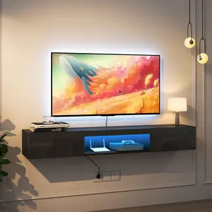 Floating TV Stand Wall Mounted with 16 Color LEDs 63" Modern TV Stand 55 60 65 Inch TV Black Storage Space Cable Holes Hidden Messy Cables
