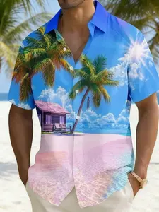 Men's Coconut Tree Beach Print Casual Shirt, Short Sleeve Loose Fit Summer Vacation Style, All over Print Hawaiian Fashion Tee
