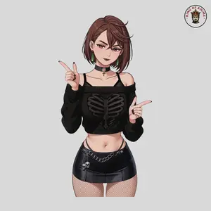 Gothic Ayase Momo Sticker – Momo in Skeleton Crop Top, Leather Skirt, Fishnet Stockings, Dark Glam Style Decal, Anime Waifu Sticker