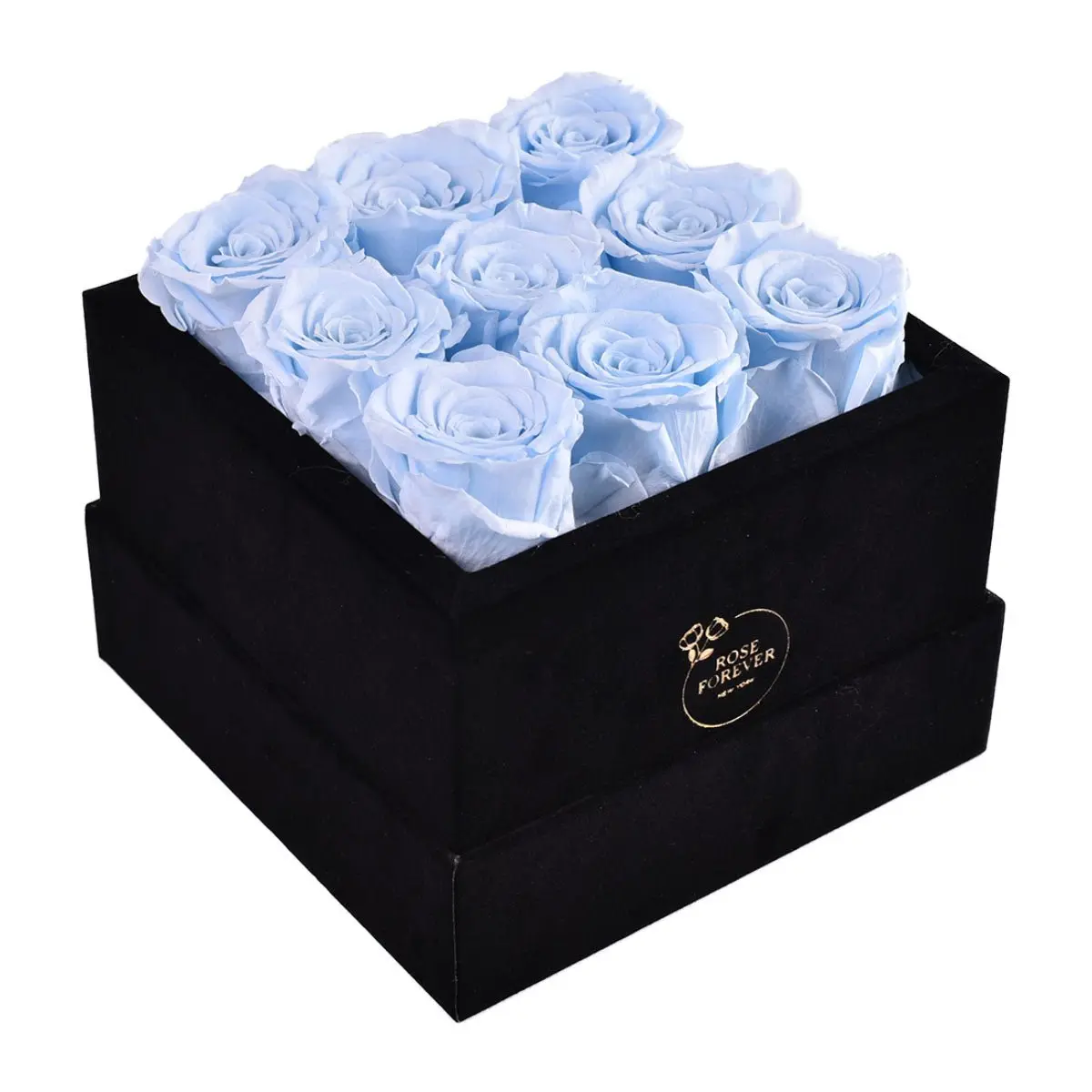 9 Baby Blue Roses - Square Black Velvet Box