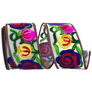 2.5 Inch Floral Embroidery Stitches Ribbon - Multi