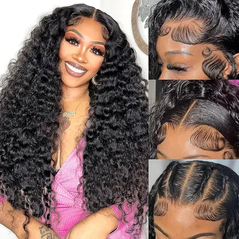 13x6 HD Lace Frontal Deep Wave Human Hair Wig Glueless Pre Plucked Natural Hairline Transparent Lace Wigs for Women Raw Burmese Virgin Curly Human Hair Full End Bleached Knots Natural Black 100% Real Hair Wigs Daily Wear Party Glueless Wig