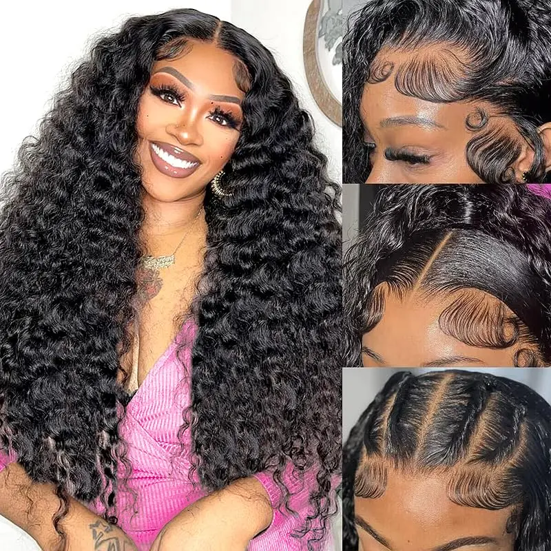 13x6 HD Lace Frontal Deep Wave Human Hair Wig Glueless Pre Plucked Natural Hairline Transparent Lace Wigs for Women Raw Burmese Virgin Curly Human Hair Full End Bleached Knots Natural Black 100% Real Hair Wigs Daily Wear Party Glueless Wig