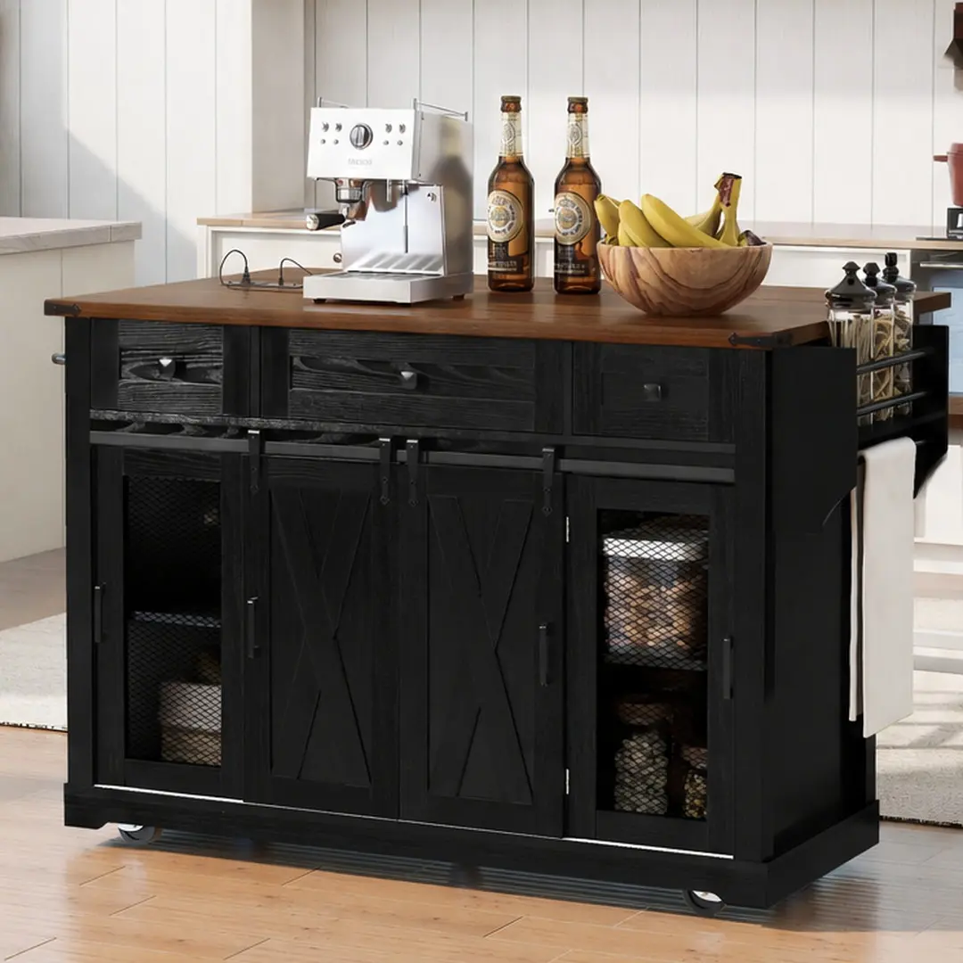 ARCH 58" Farmhouse Kitchen Island with Storage, Sliding Barn Door & Metal Grid Side Doors, Rolling Kitchen Cart on 5 Wheels, Drop Leaf, Spice Rack, Glass Holders, Charging Station, Black Particle Board+MDF, Black Color Options, Color: Black
