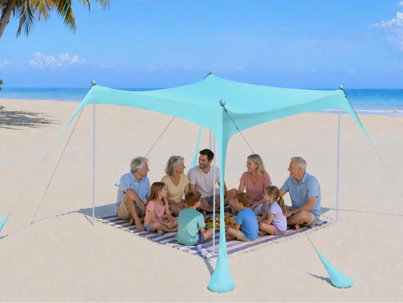 2PM SPORTS 10x10FT UPF50+ Beach Sun Shelter Canopy, Portable Easy Setup Shade Tent with 8 Sandbags for Camping Picnic