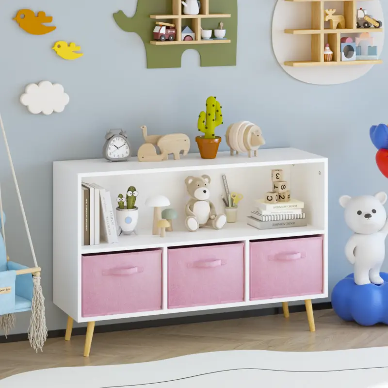 Kids bookcase with Collapsible Fabric Drawers, Children's Book Display, Toy Storage Cabinet Organizer, White/Pink ,Baby Toddler Bookshelf for Kids, Kids Bookcase, Toy Storage Organizer, for Playroom, Bedroom, Nursery