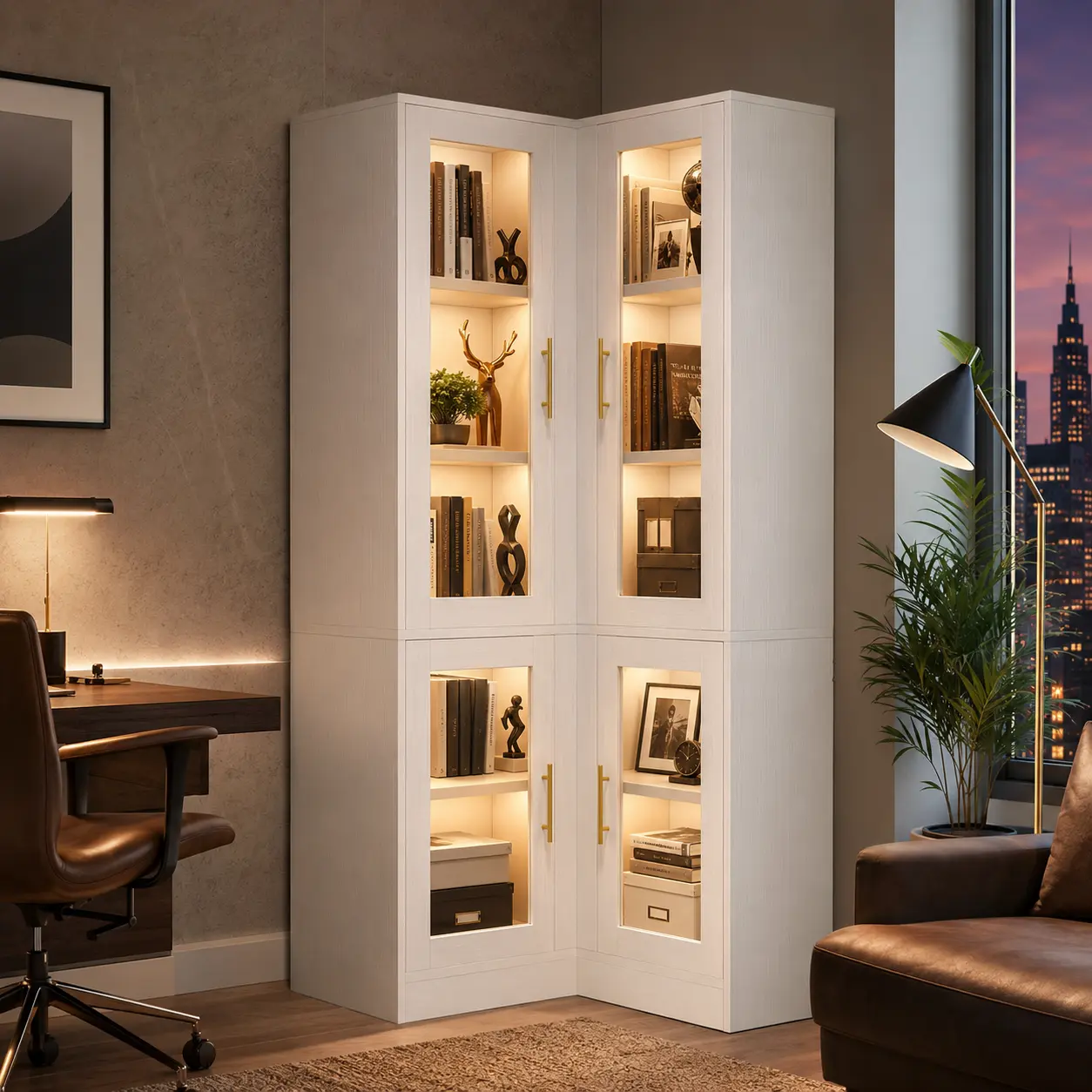 Cyclysio Tall Corner Bookcase with Tempered Glass Doors & LED Lights, 5-Tier Corner Bookshelf Kitchen Pantry Storage Cabinet, Home Bar Liquor Cabinet,Large Toy Storage Organizer Display Storage Cabinet