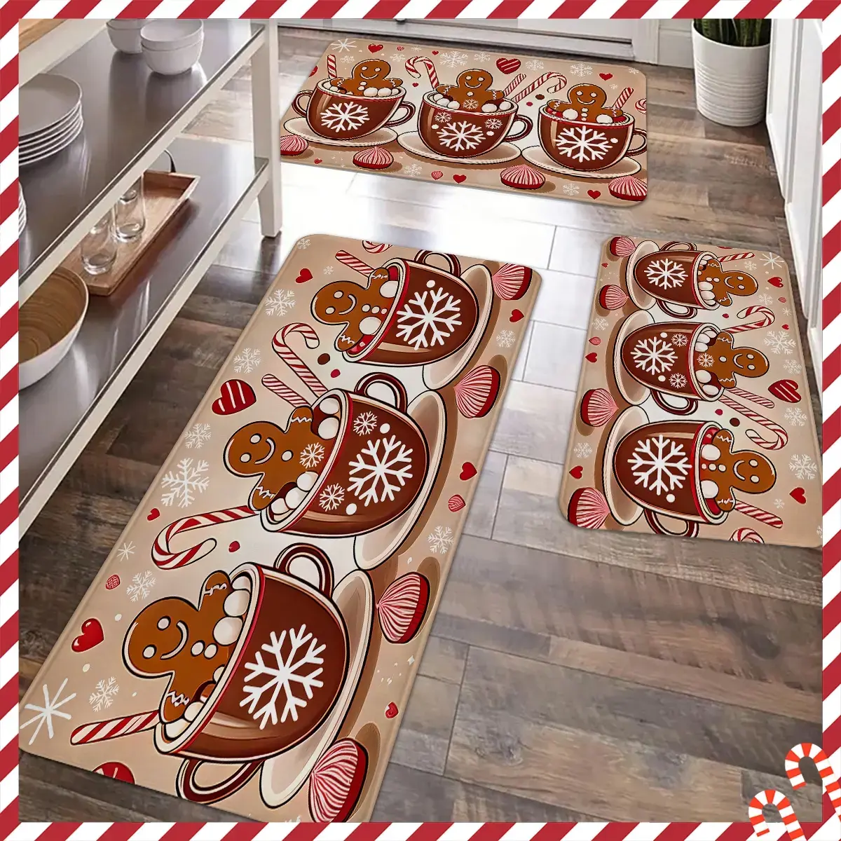 Christmas kitchen, candy cane, gingerbread man, soft flannel anti slip floor mat, suitable for kitchen, entrance door, laundry room, living room, room Christmas decoration, Home decor rugs