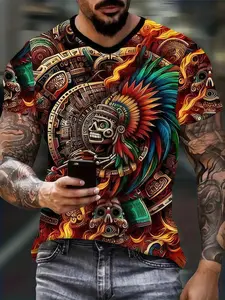 Men's Summer Casual Streetwear Creative Fashion 3D Digital Print T-Shirt, Casual Style Tee, Sporty Long Sleeve Fitted Tee, Ethnic Striped Geometric Design, All Seasons Wear