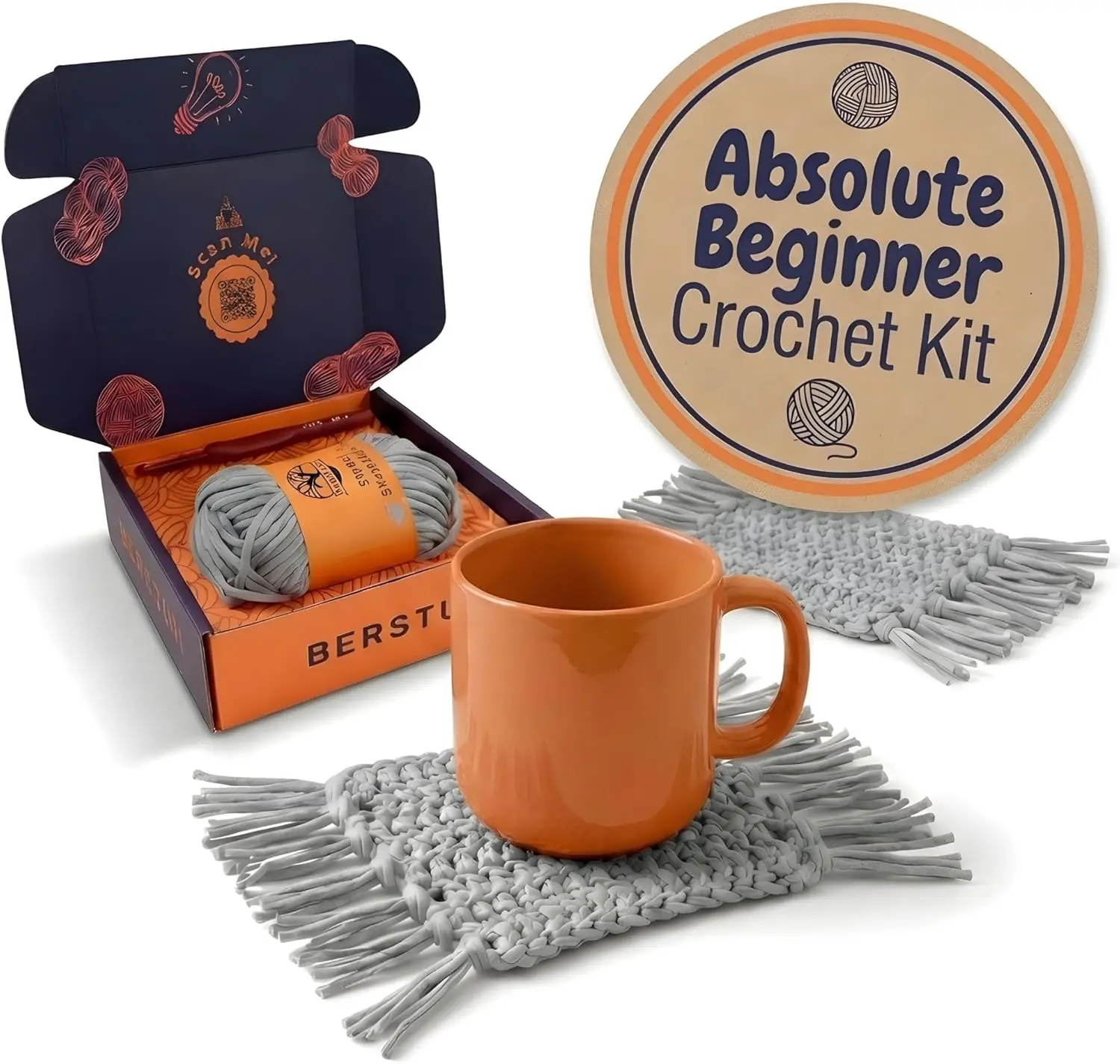 Absolute Beginner Crochet Kit for Adults, Level 1 Starter Kit with Videos | Adult crochet starter kit with yarn, hook & left and right-handed video tutorials. Learn to crochet 2 mug rugs Gift