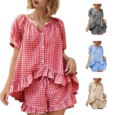 Yimoon Womens Gingham Pajamas Set Plaid Cotton Pj Set Puff Sleeve Ruffle Babydoll Shirt Shorts Summer 2 Piece Outfits