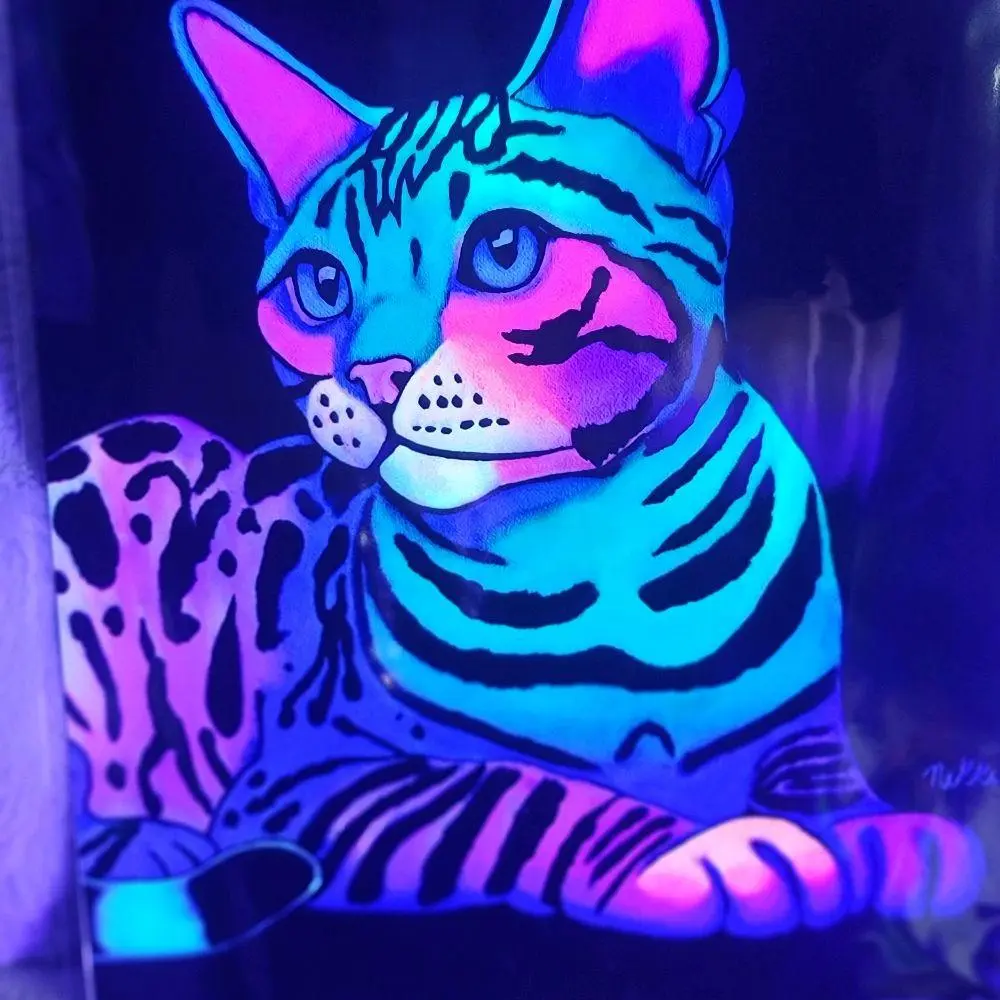 Neon Cat - 8x10 Aluminum Print - Blacklight Reactive Original Artwork by Glow by Nikki wall decor Poster Colorful Glossy Artistic Decoration