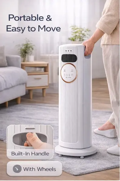 Bladeless Tower Fan - 4-in-1 Plug-Powered Plastic Brushless Home Appliance with Cool, Heat, Humidify, Air Circulation, Remote Control, Low Noise, Portability, All Seasons Indoor Use for Living Room, Study Desk, Home Cooling Solutions