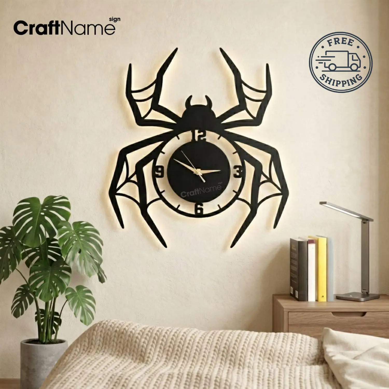 CraftNameSign Spider Metal Wall Clock, Gothic Halloween Wall Decor, Silent Modern Clock, Spooky Office Accent, Spider Lover Gift, 14–32 Inches