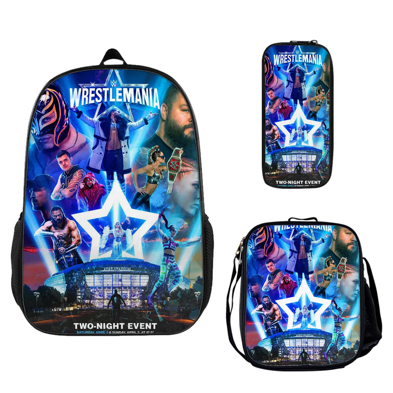 WWE 3-Piece Large Capacity Backpack Set - Water Resistant Vibrant Back to School Haul, 1-Size School Bookbag with Insulated Lunch Box & Pencil Pouch for Teen Fans, Lightweight Holiday Travel Daypack Gift c-276, One Size