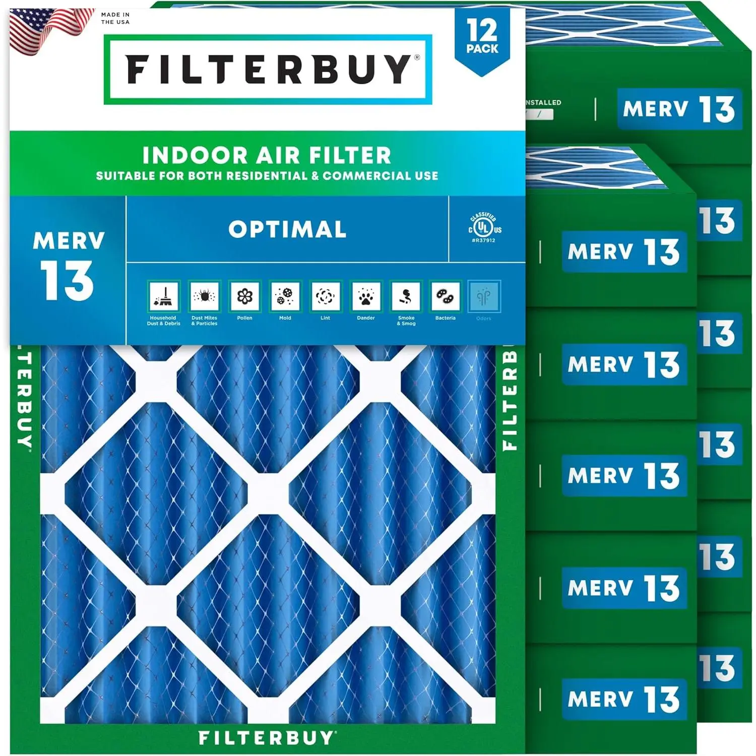 Filterbuy 20x25x4 Pleated MERV 13 Optimal Defense HVAC AC Furnace Heat Pump Air Filters (12-Pack, Actual Size: 19.50x24.50x3.63 in) for Asthma, Pollen, Allergen, Dander Protection