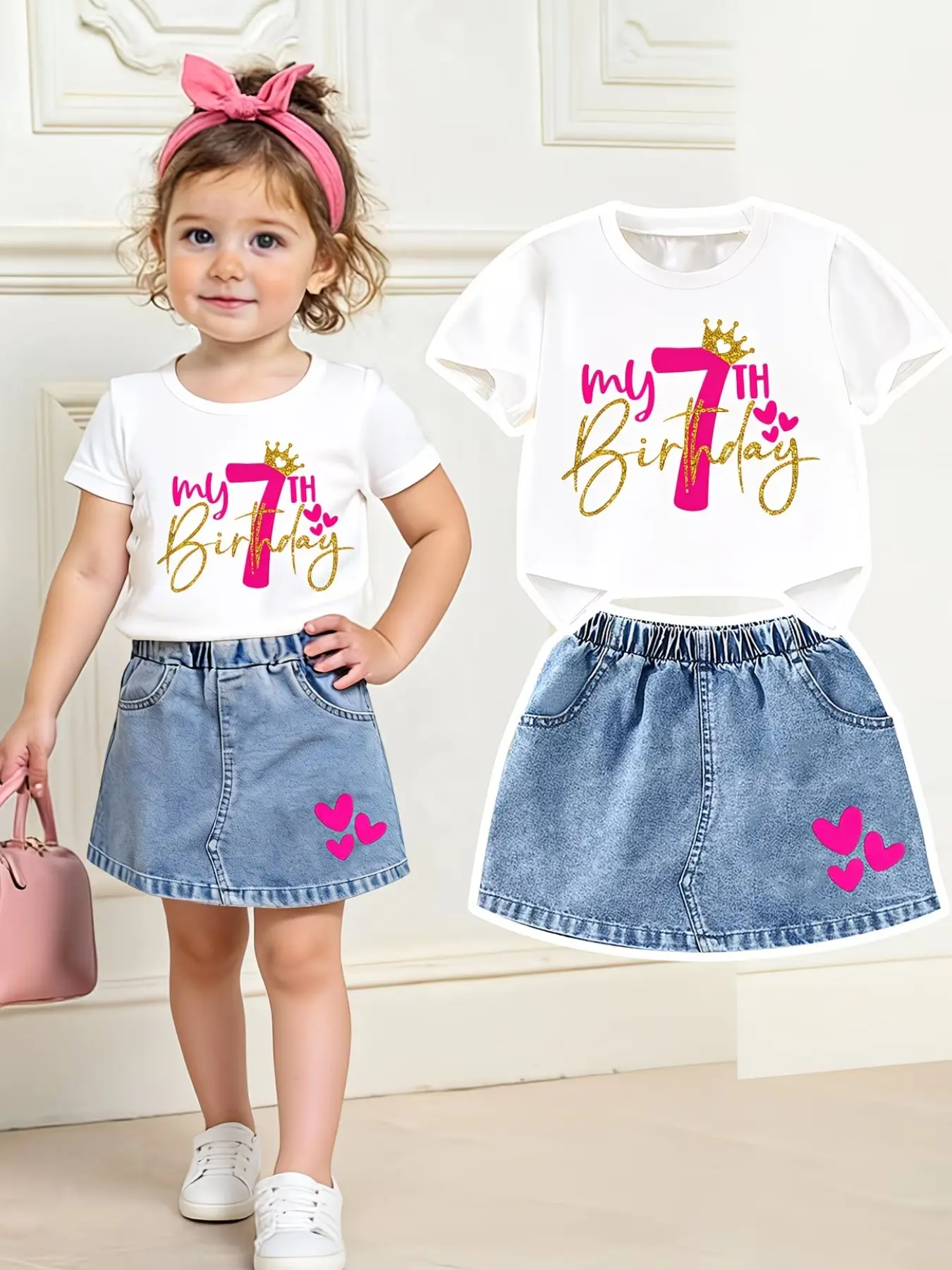 Girls' Sixth Birthday Set, Cute Clothing Set, Fashion Set, Short Sleeve Tee with Gold Sequins, Light Blue Jeans Skirt with Heart Pattern, Casual Party