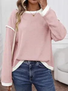 1Pcs Women's Round Neck Sweater Knitwear, Long Sleeve Patchwork Loose Fit Top, Fall Winter New Arrival, Casual Fashion Pullover