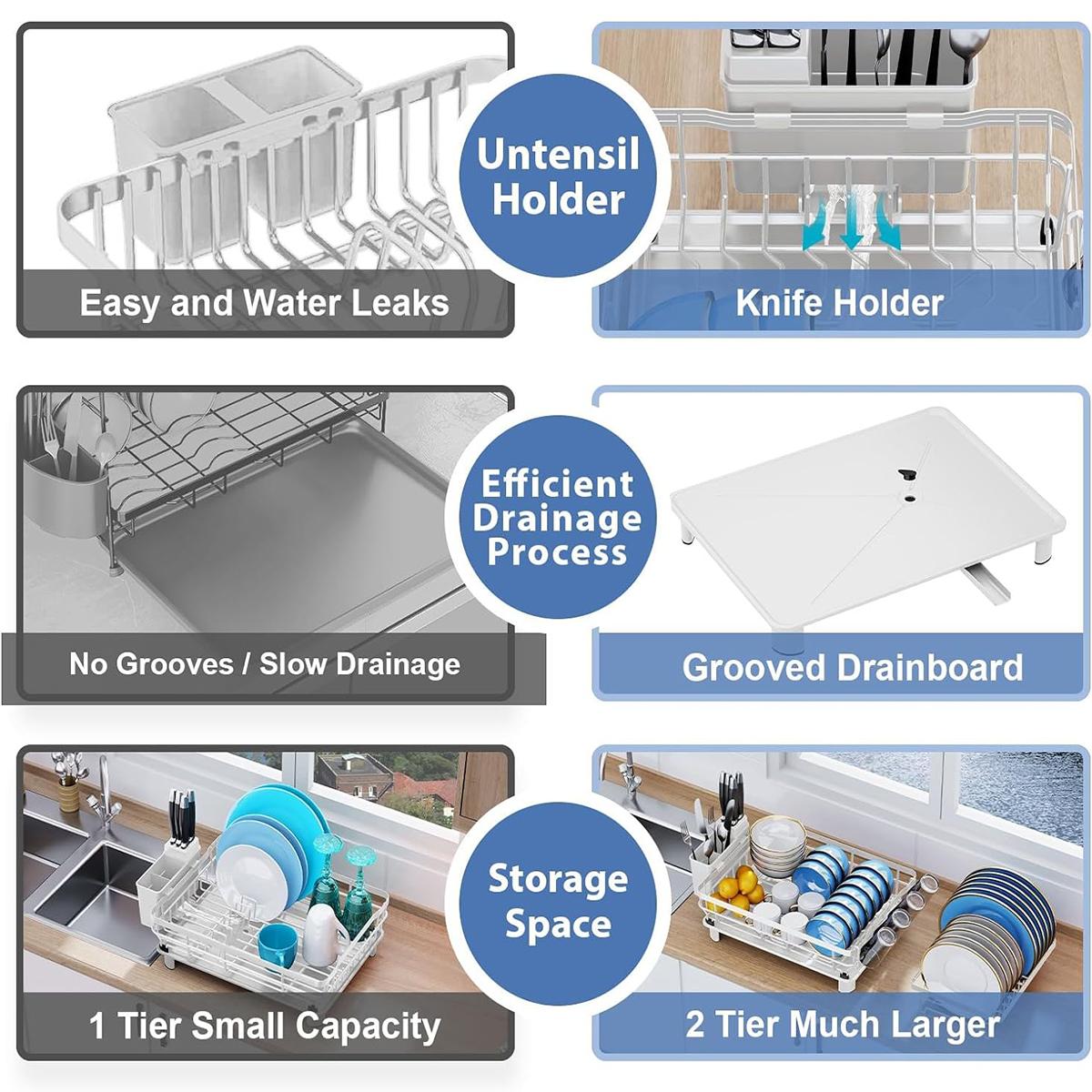 2 Tier Dish Drying Rack with Drainboard Adjustable Spout Utensil Holder and Knife Slots,Space-saving,Suitable for kitchen countertops,Keeps countertops clean and tidy,Easy to install,Beautifully crafted,Rotatable drainage system,Disassembleable