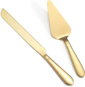 Cake Cutting Set for Wedding, Elegant Knife and Server with Thickened Stainless Steel Rounded Edges, Cutter Pie Spatula Birthday Anniversary Christmas Gift of 2, Gold Bakeware Utensils
