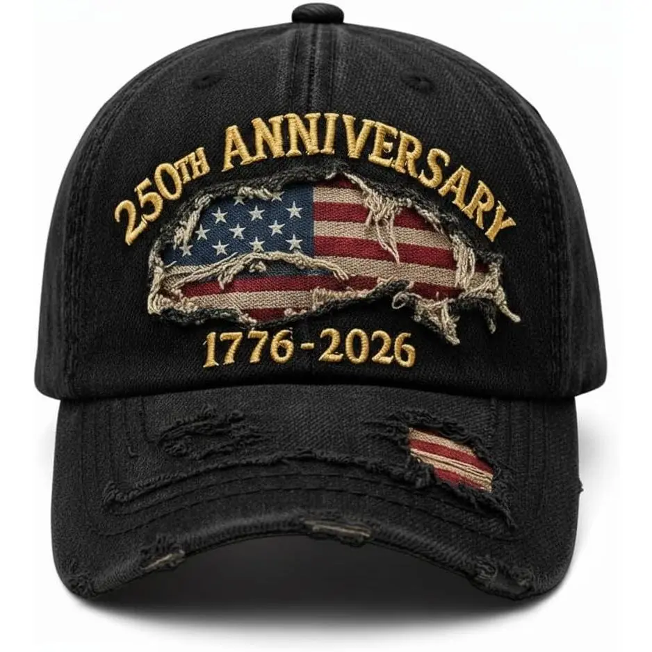 USA 250th Anniversary Cotton Cap 1776-2026 - Embroidered Distressed Denim Headwear - Vintage Ripped Flag Patriotic American Gift, Embroidered Headwear
