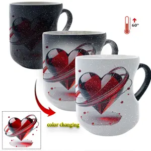 Shiny Heart Design Insulated Travel Mug Heart Shape Handle Color Changing Thermosensitive Ceramic Mug 11 oz (330ml), Thermochromic Coffee Cup, Valentine's Christmas Thanksgiving Gift for Her, Him, Couples, Insulated Travel Drinkware, Thermal Cup