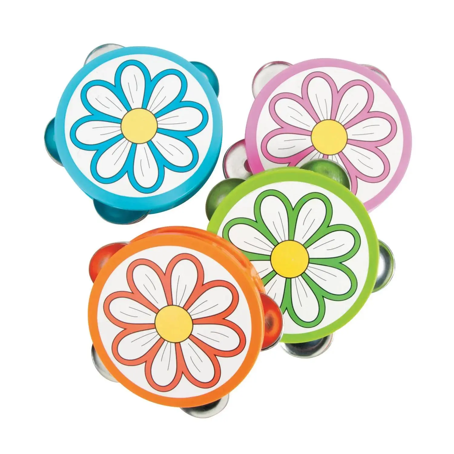 4-in Mini Daisy Tambourines - 12-Pc Plastic Percussion Instruments, Multicolor OTC Unisex Noisemakers, Unique Party Favors for Kids’ Spring Birthday Parties