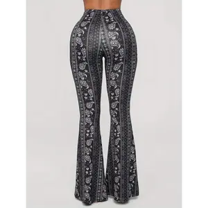 2025 Women's High Waist Sexy Flare Pants - 100% Polyester Knitted Fabric, Paisley Print, All Season, Casual Bell Bottoms Leg Womenswear