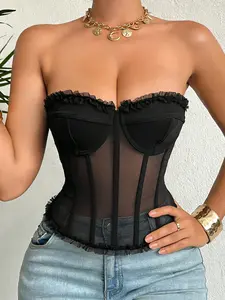 Women's Vintage Sexy Layered Mesh Fishbone Adjustable Corset Tank Top, Lace Detail Front and Back Tie Design, Perfect for Beach Nightclub Bar Party, Underwear, Womenswear