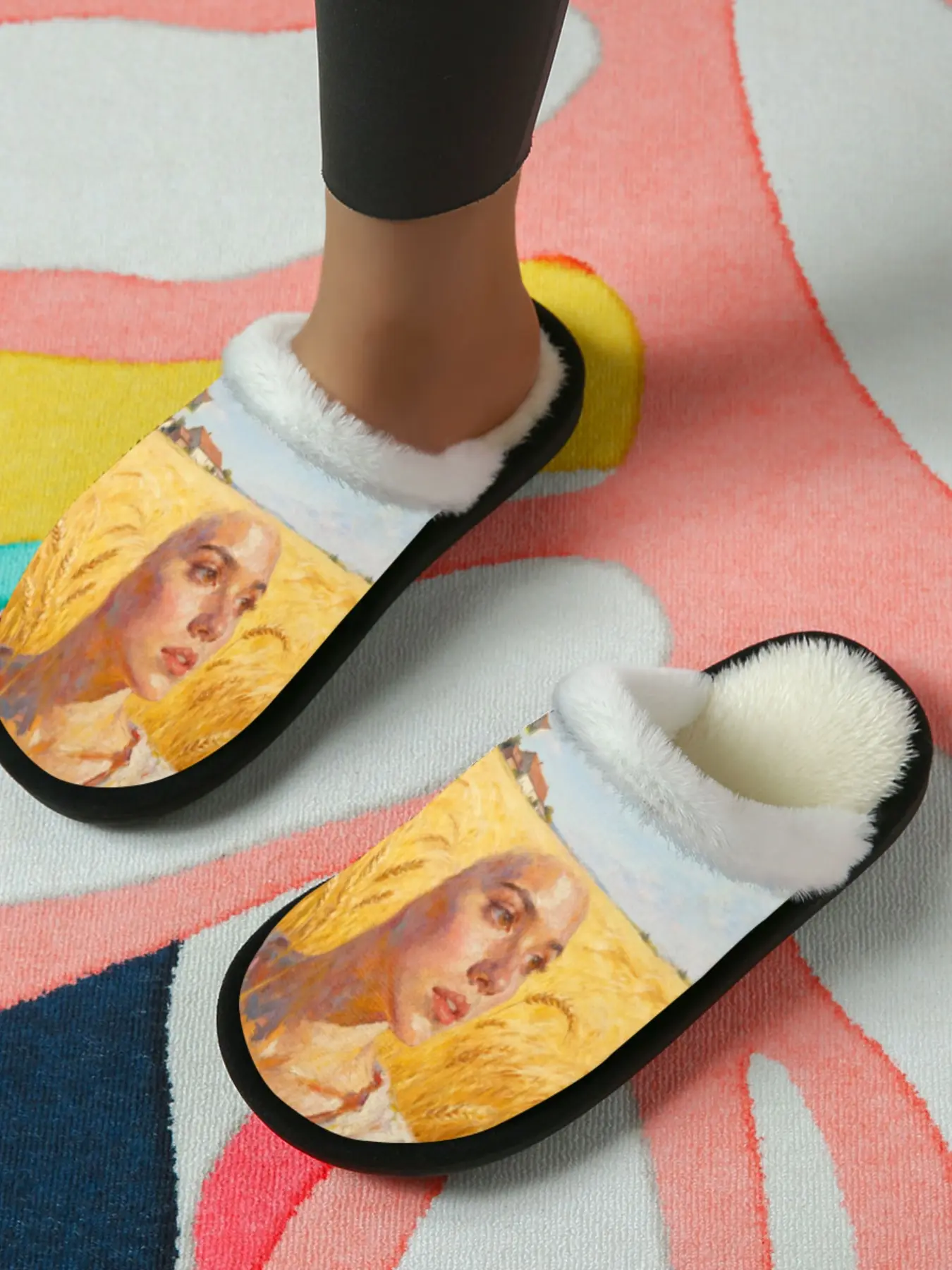 Oil Painting Style Farmhouse Portrait Printed Cotton Slippers, Vintage Artistic Design, Fuzzy Lined Anti-Slip Thick Sole, Home Use Fall Winter Warm Shoes