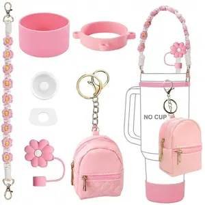 Drinkware Accessories Set for 30oz 40oz Stanley Cup, 7 Counts/set Including Water Bottle Handle Strap & Silicone Boot & Coin Purse & Keychain & Bracelet, Gift for Women, Tumbler, Drink Protector
