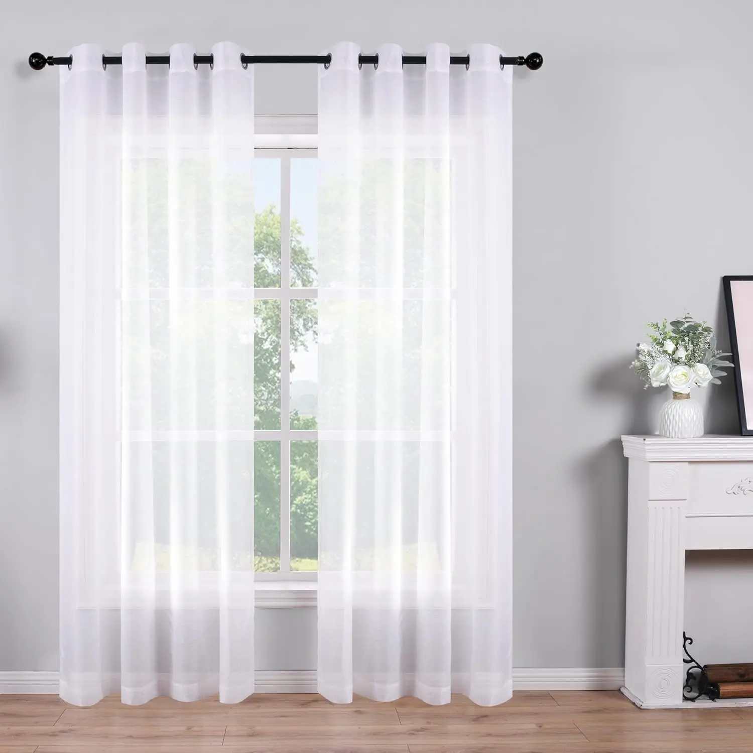 White Sheer Curtains 84 Inches Long Set 2 Panels Grommet Pair Faux Semi Transparent Drape Tulle Gauze Voile Window Sheer Curtains for Bedroom Living Room Dining Wide 52 Length Pack