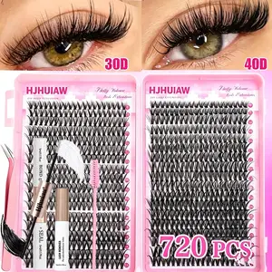 720pcs Hjhuiaw Lash Kit, 30D+40D Natural Look Glue Lashes, Tweezers & 2 Brushes, D Curl Mixed Length 9-18mm, Cat Eye & Fox Effect, Lightweight, Daily & Party Use