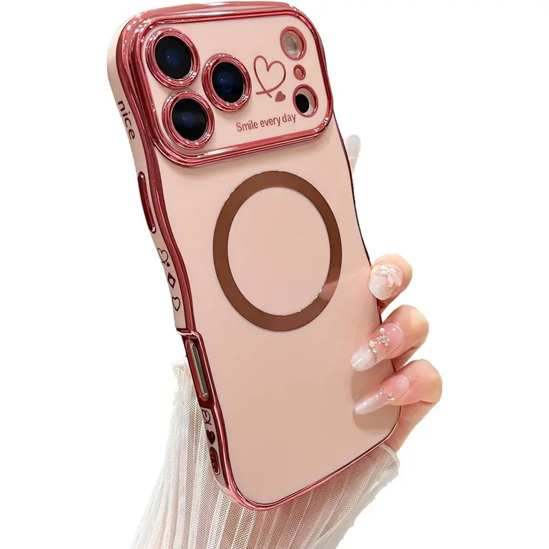 OREKROY Magnetic Phone Case for iPhone 18/17/16/15/14/13/12 Pro Max, Magsafe-Compatible, Curly Wave Plating Frame Cute Love Heart Casing, Full Camera Lens Protection Soft Durable TPU Shockproof Phone Accessories