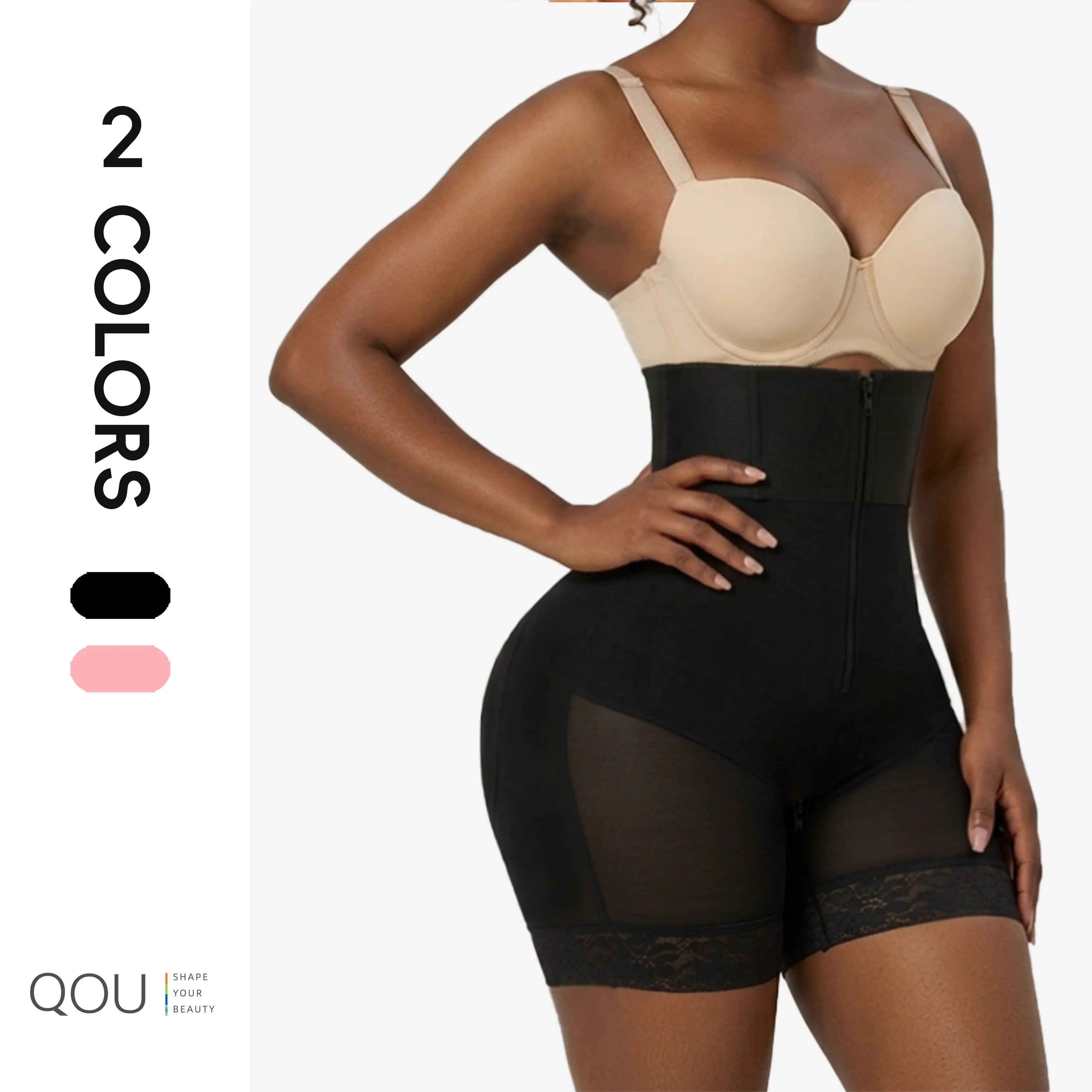 QOU High-Waisted Body Sculpting Short Outfit Shapewear Basic Womenswear Minimalist Casual Plus Size Clothing Slip Black Fabric Bottom Slim Zipper Seamless Elastic Lace Trim,Postpartum shaper,Post-Surgery BBL Womenswear