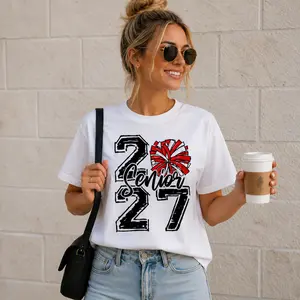 Senior 2027 Sweatshirt&T-Shirt,Graduation Graphic Crewneck Pullover or Tee, Red Cheer Pom Class of 2027 Shirt, Cute High School Senior Year Gift for Girls, Cheerleader Senior Outfit, School Spirit Grad Season Apparel Set