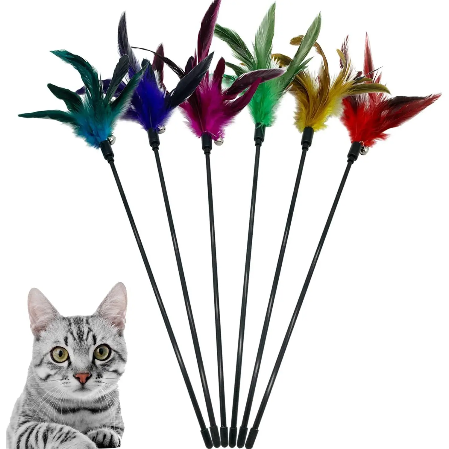 Wand   Stick  Toys, 6 count Interactive   Feathers Wand for Indoor Cats (A)