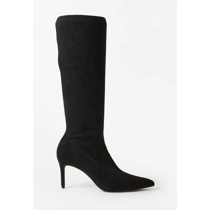 Women's Faux Suede Mid-Calf Stiletto Boots, Pointed Toe Formal Dress Boots with Functional Inside Zipper and 3-in Slim Heel, Faux Suede Inside