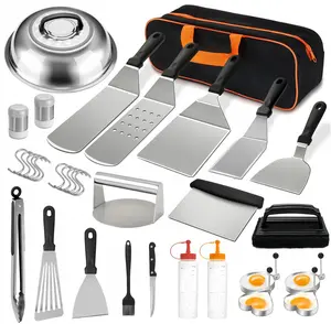 33-piece flat top grill accessory set compatible with Blackstone and Camp Chef brands, including a spatula set with enlarged spatula blades, a basting brush, and an outdoor BBQ scraper