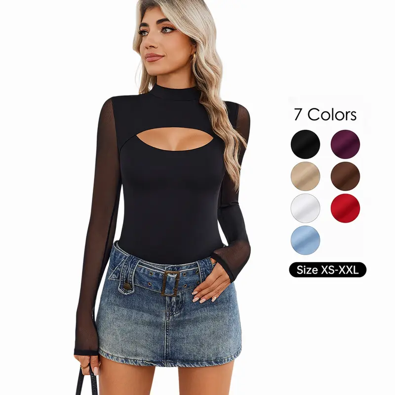 Avidlove Women Long Sleeve Thong Bodysuit Turtle Neck Shapewear Sexy Mesh Top Double Lined Cutout Shirt XS-2XL