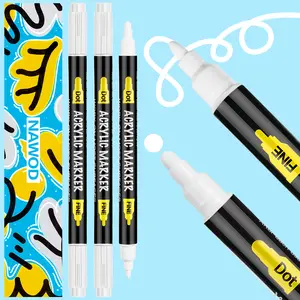 NAWOD 3 White Acrylic Paint Pens, Acrylic Paint Markers Dual Tip (Fine 1mm + Dot 5mm), Acrylic Permanent Markers for Rock, Fabric, Canvas, Ceramic, Glass, Wood, Paper, Labeling, Drawing, DIY Crafts, Tires, Leather, Metal, Plastic, Dark Surface, Art