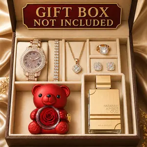 Mother’s Day Luxury Gift Set for Women with Rhinestone Watch Jewelry Perfume and Rose Bear