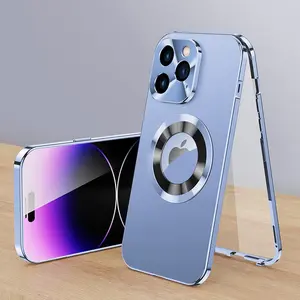 Metal Phone Case Magnetic Hard Shell Full Coverage Lens Metal Frame Dual Side Shockproof Protector for iPhone 16 Pro Max 16 Pro 15 14 13 12